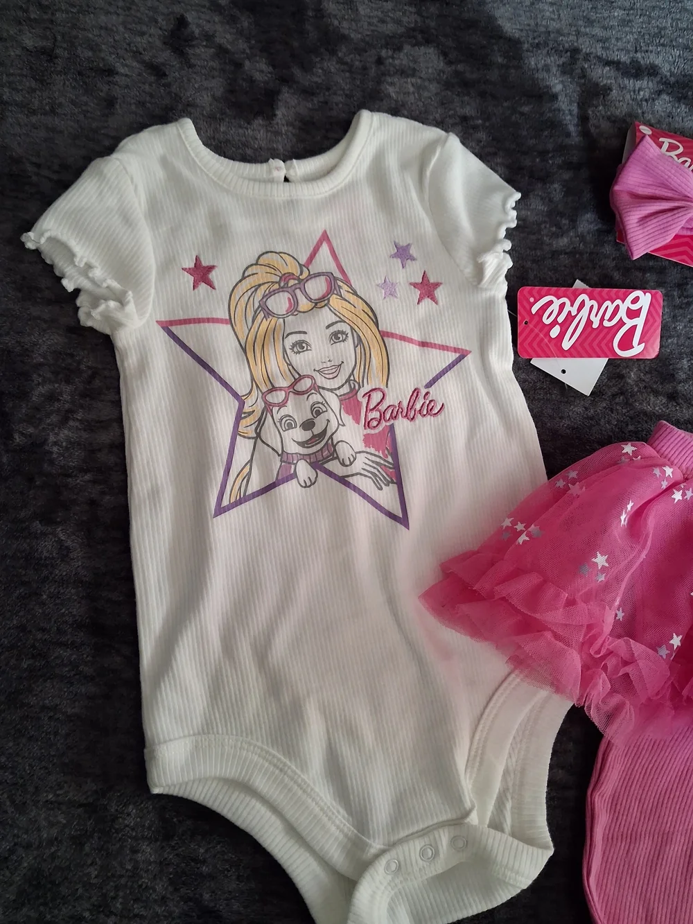 NWT Barbie Baby Girls 3pc Outfit Set Bodysuit/Tutu Leggings/Headband 18month